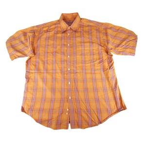 Bugatchi Uomo Men XL Button Up Shirt Short Sleeve Plaid Orange Pink Green Preppy